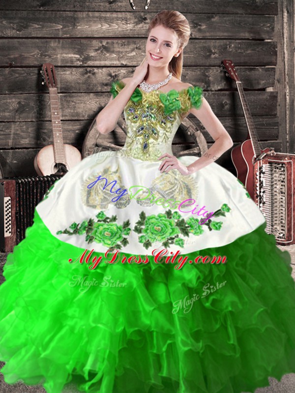 Romantic Green Ball Gowns Organza Off The Shoulder Sleeveless Embroidery and Ruffles Floor Length Lace Up 15 Quinceanera Dress