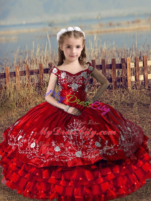 Red Sleeveless Satin and Organza Lace Up Little Girl Pageant Dress for Wedding Party