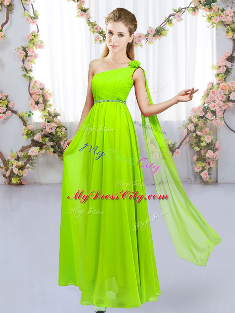 Fabulous Floor Length Yellow Green Damas Dress Chiffon Sleeveless Beading and Hand Made Flower