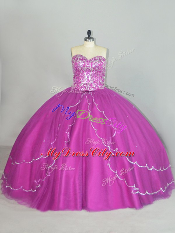 Gorgeous Tulle Sleeveless Quince Ball Gowns Brush Train and Beading and Sequins