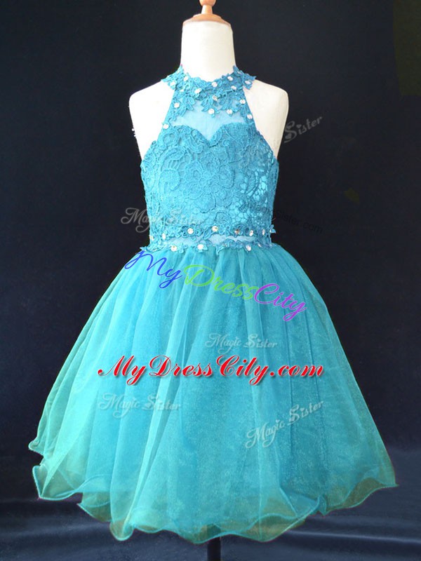 Enchanting Mini Length Aqua Blue Little Girl Pageant Dress Halter Top Sleeveless Lace Up