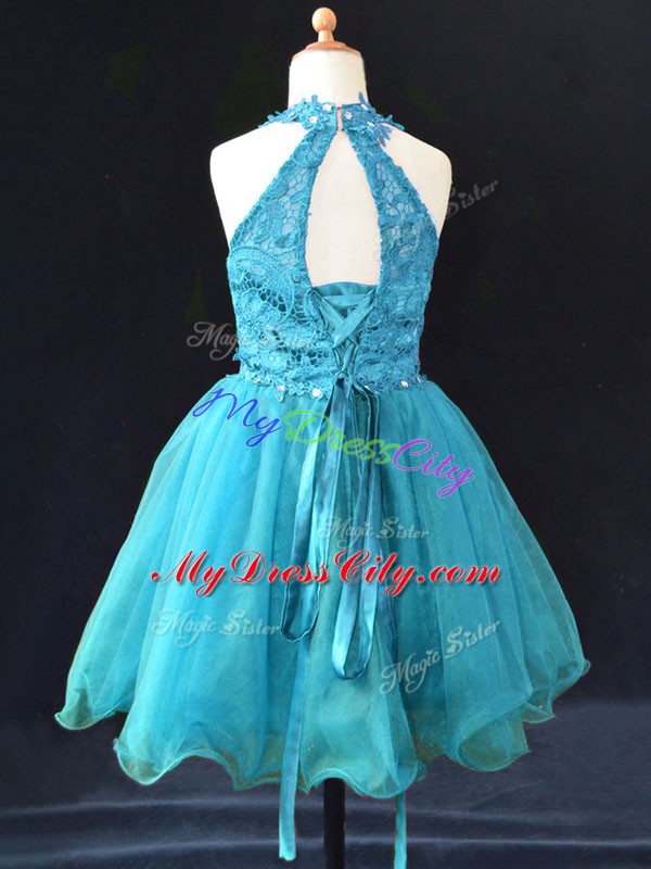 Enchanting Mini Length Aqua Blue Little Girl Pageant Dress Halter Top Sleeveless Lace Up