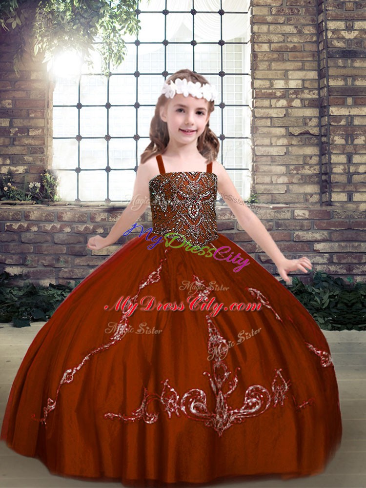 Rust Red Sleeveless Floor Length Beading Lace Up Little Girl Pageant Dress