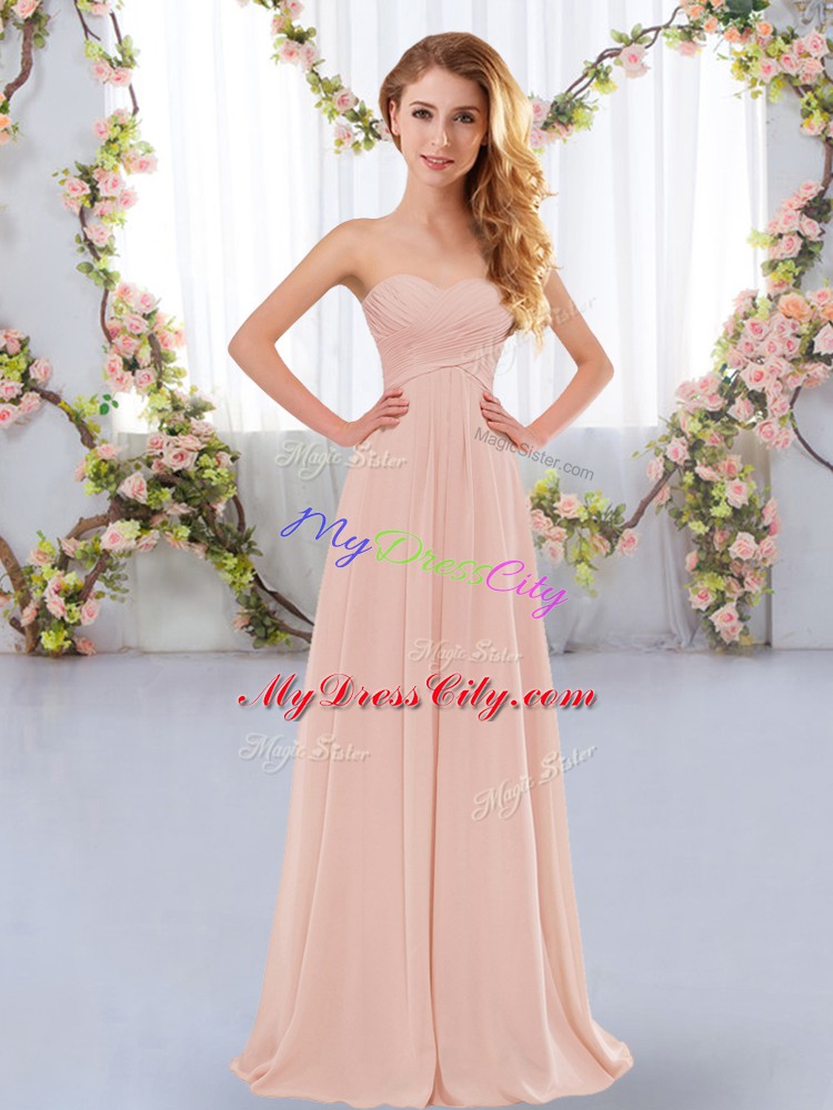 Delicate Ruching Wedding Guest Dresses Pink Lace Up Sleeveless Floor Length