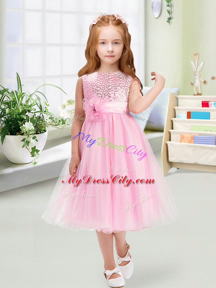 Captivating Rose Pink Zipper Scoop Sequins and Hand Made Flower Toddler Flower Girl Dress Organza Sleeveless