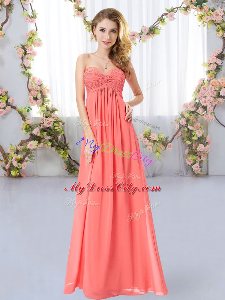 Floor Length Watermelon Red Bridesmaid Dress Chiffon Sleeveless Ruching