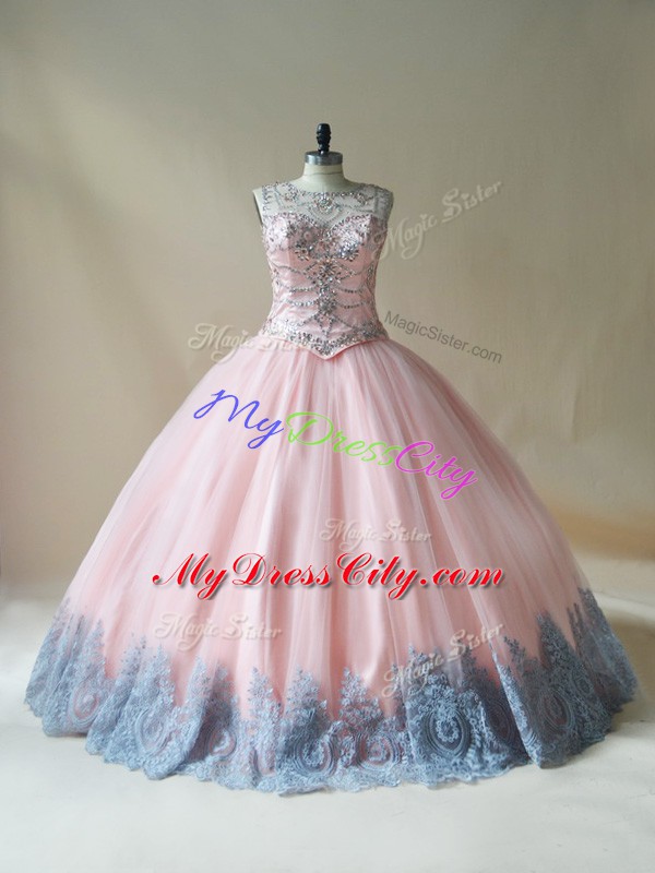 Luxurious Pink Ball Gowns Scoop Sleeveless Tulle Floor Length Lace Up Beading and Appliques Quince Ball Gowns