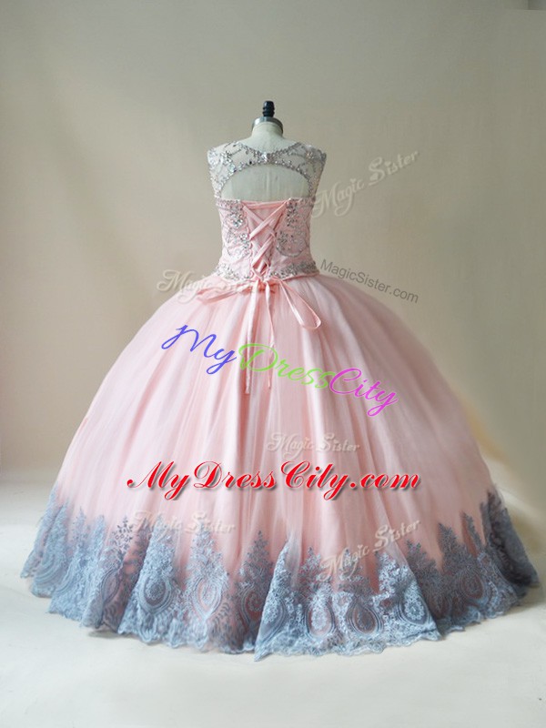 Luxurious Pink Ball Gowns Scoop Sleeveless Tulle Floor Length Lace Up Beading and Appliques Quince Ball Gowns