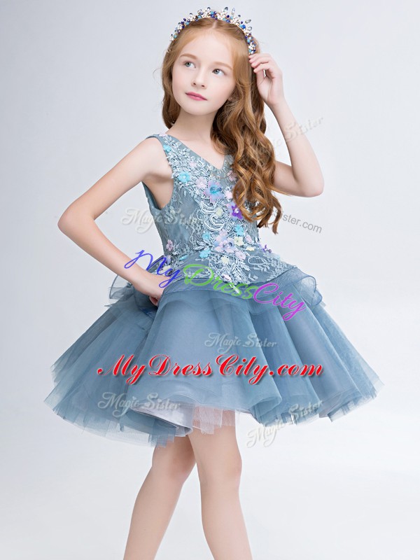 Glorious Grey Ball Gowns V-neck Sleeveless Tulle Mini Length Lace Up Lace and Appliques Toddler Flower Girl Dress