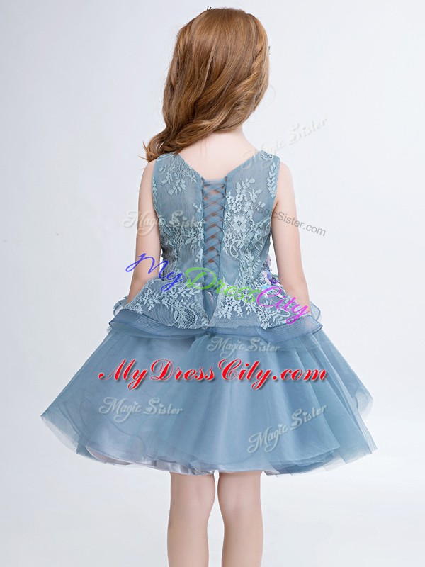 Glorious Grey Ball Gowns V-neck Sleeveless Tulle Mini Length Lace Up Lace and Appliques Toddler Flower Girl Dress