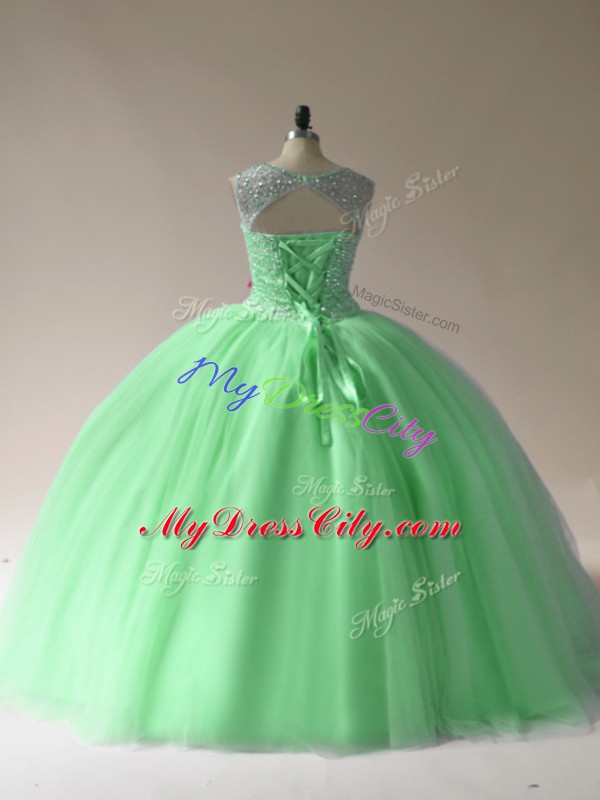 Smart Sleeveless Tulle Floor Length Lace Up Quince Ball Gowns in with Beading