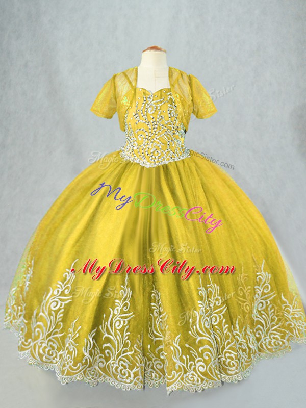 Sleeveless Lace Up Floor Length Beading and Embroidery Little Girls Pageant Dress Wholesale