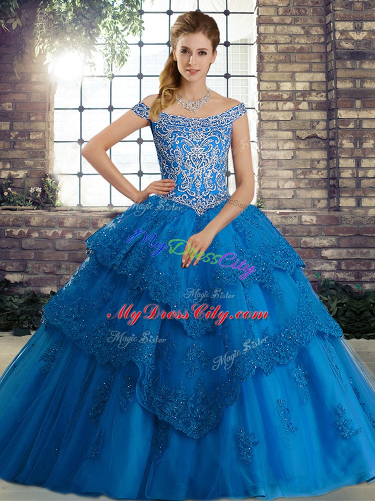 Custom Made Blue Ball Gowns Beading and Lace Sweet 16 Quinceanera Dress Lace Up Tulle Sleeveless