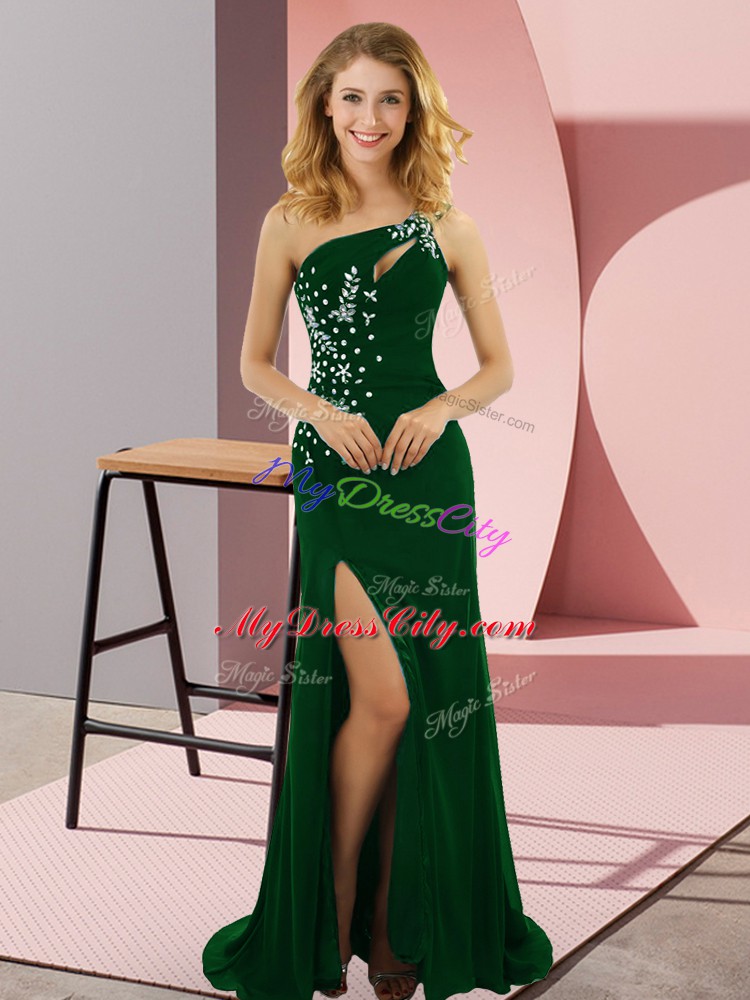 Perfect Dark Green Celeb Inspired Gowns One Shoulder Sleeveless Sweep Train Lace Up