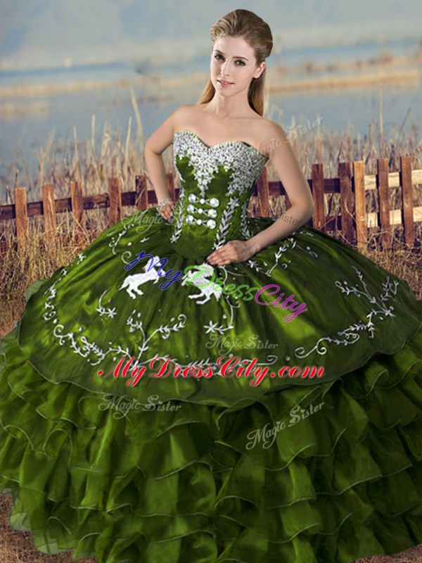 Clearance Floor Length Lace Up Quinceanera Dresses Olive Green for Sweet 16 and Quinceanera with Embroidery and Ruffles