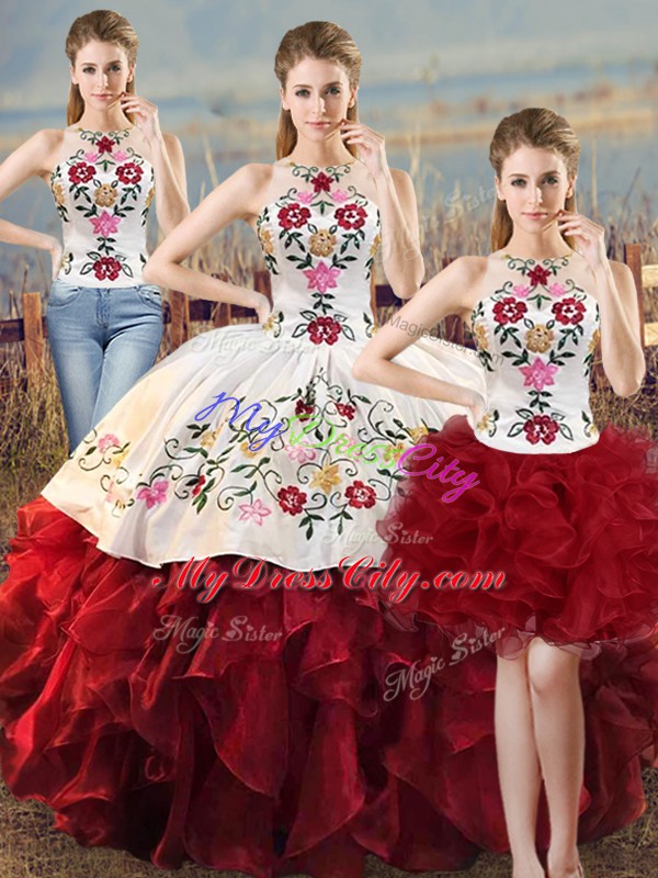 Low Price White And Red Ball Gowns Embroidery and Ruffles Quinceanera Gowns Lace Up Organza Sleeveless Floor Length