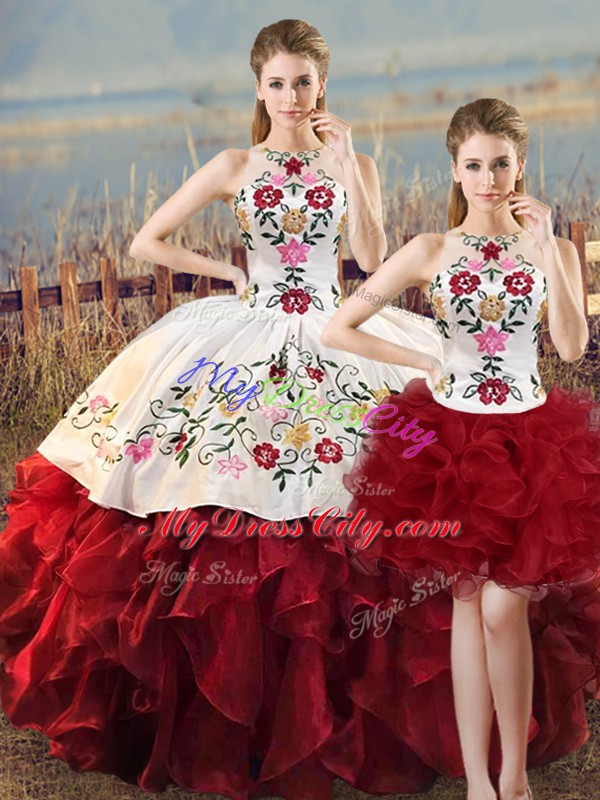 Low Price White And Red Ball Gowns Embroidery and Ruffles Quinceanera Gowns Lace Up Organza Sleeveless Floor Length