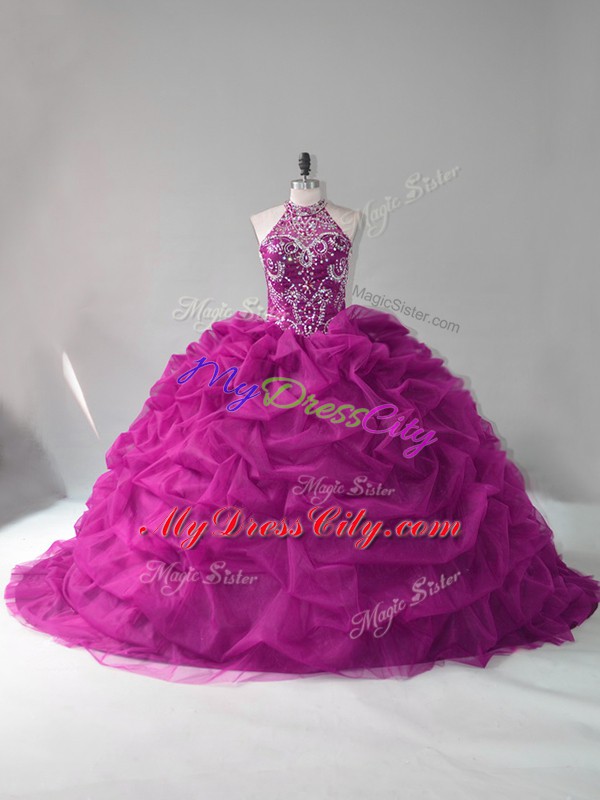 Sophisticated Sleeveless Organza Lace Up Quinceanera Dress in Fuchsia with Beading and Pick Ups