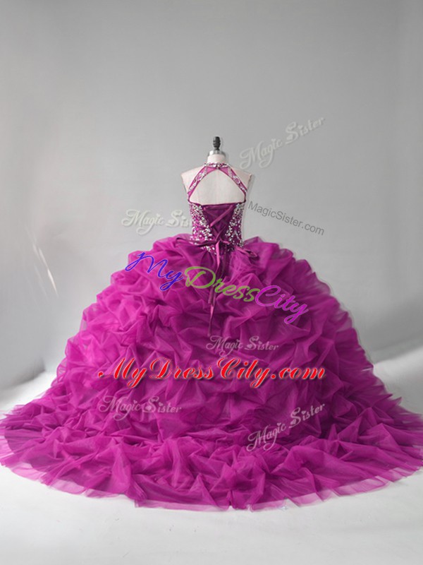 Sophisticated Sleeveless Organza Lace Up Quinceanera Dress in Fuchsia with Beading and Pick Ups