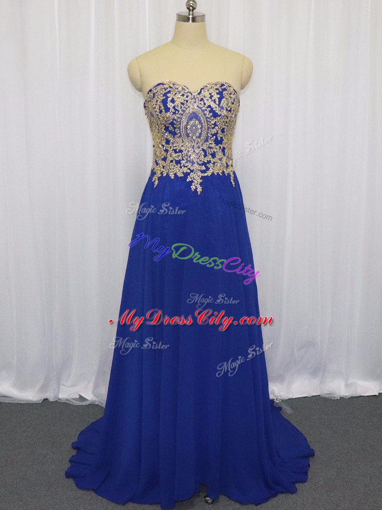 Royal Blue Empire Sweetheart Sleeveless Chiffon Brush Train Zipper Lace and Appliques Going Out Dresses