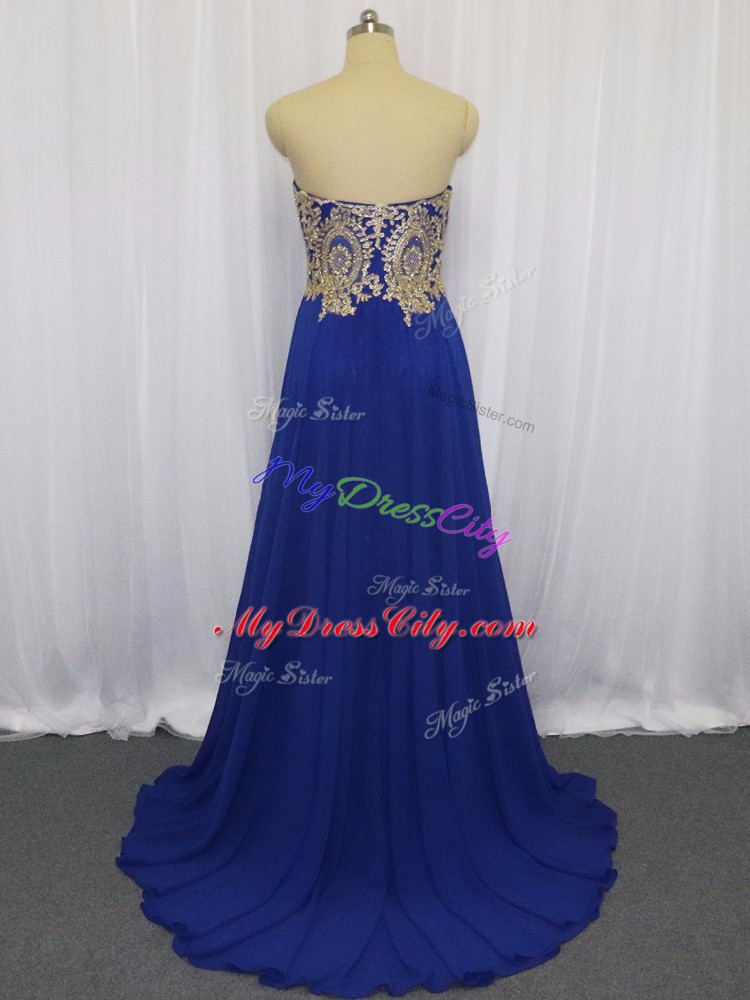 Royal Blue Empire Sweetheart Sleeveless Chiffon Brush Train Zipper Lace and Appliques Going Out Dresses