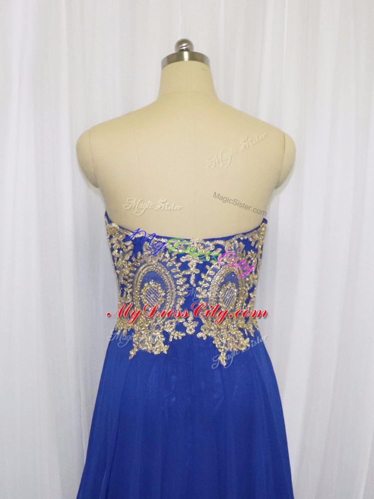 Royal Blue Empire Sweetheart Sleeveless Chiffon Brush Train Zipper Lace and Appliques Going Out Dresses