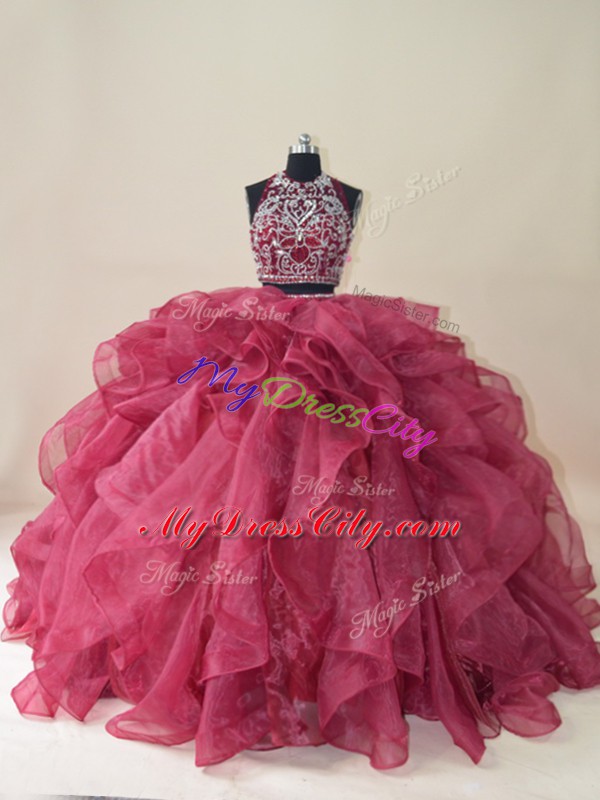 Brush Train Ball Gowns Quinceanera Gown Burgundy Halter Top Organza Sleeveless Backless