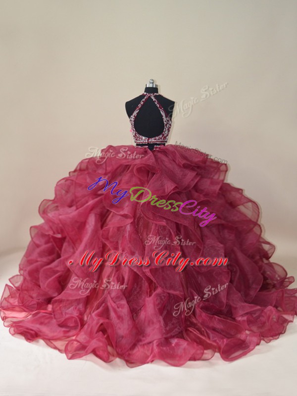 Brush Train Ball Gowns Quinceanera Gown Burgundy Halter Top Organza Sleeveless Backless