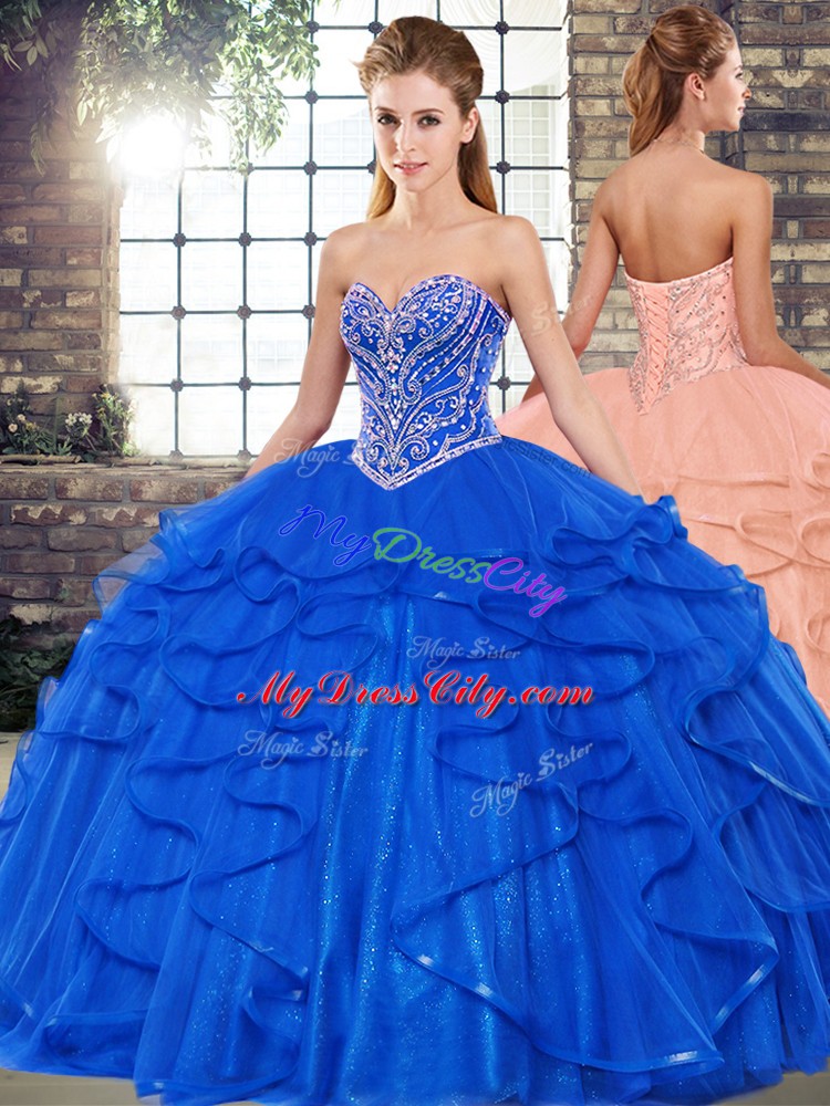 Hot Sale Tulle Sleeveless Floor Length Quinceanera Gown and Beading and Ruffles