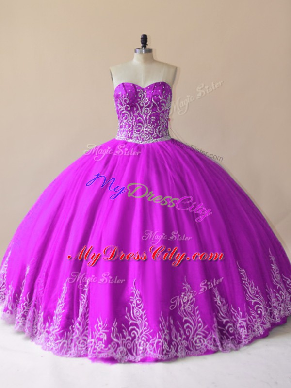 Custom Fit Purple Sweetheart Neckline Embroidery 15 Quinceanera Dress Sleeveless Lace Up