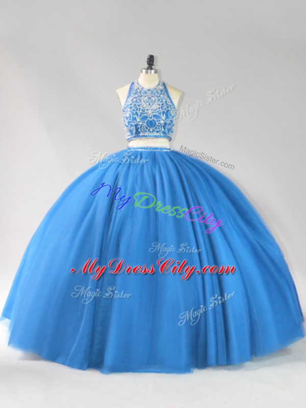 Classical Blue Backless 15th Birthday Dress Beading Sleeveless Floor Length