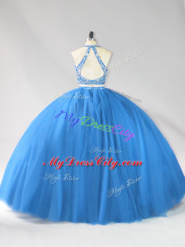 Classical Blue Backless 15th Birthday Dress Beading Sleeveless Floor Length