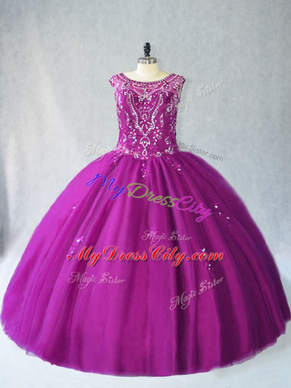 Beauteous Sleeveless Tulle Floor Length Lace Up Quinceanera Dresses in Purple with Beading