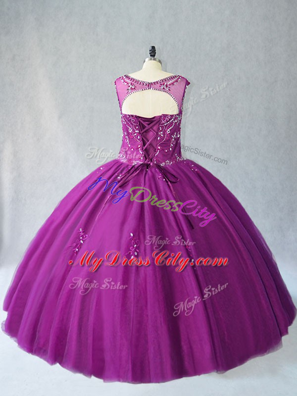 Beauteous Sleeveless Tulle Floor Length Lace Up Quinceanera Dresses in Purple with Beading