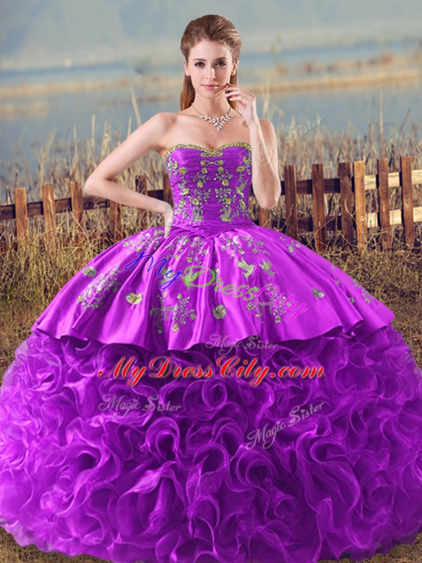 Luxurious Fabric With Rolling Flowers Sleeveless Sweet 16 Dresses Brush Train and Embroidery and Ruffles