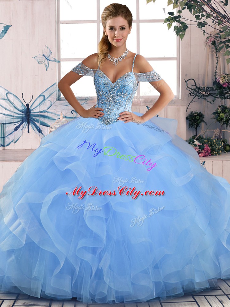 Blue Ball Gowns Tulle Off The Shoulder Sleeveless Beading and Ruffles Floor Length Lace Up 15th Birthday Dress