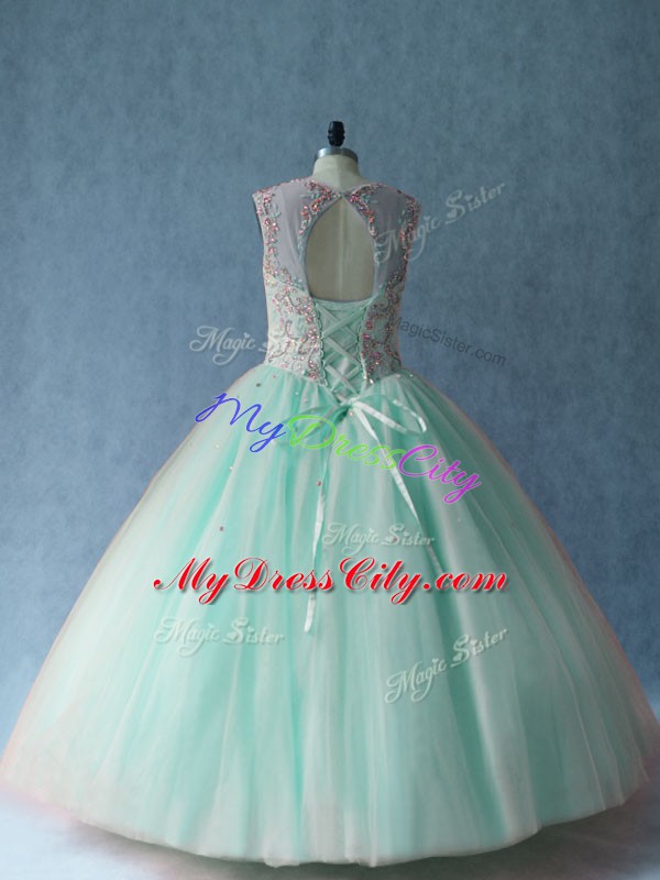 Apple Green Scoop Lace Up Beading Vestidos de Quinceanera Sleeveless