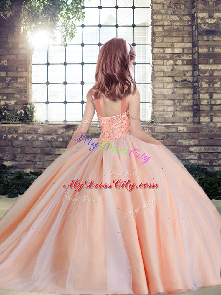 Sleeveless Lace Up Floor Length Beading Girls Pageant Dresses