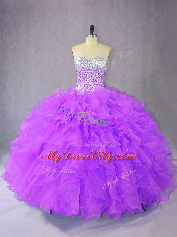 Deluxe Floor Length Lace Up Quinceanera Gowns Purple for Sweet 16 and Quinceanera with Beading and Ruffles