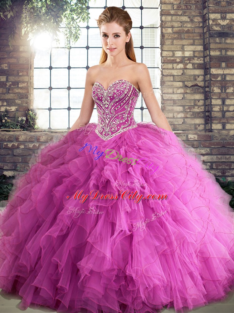 Sophisticated Beading and Ruffles Vestidos de Quinceanera Rose Pink Lace Up Sleeveless Floor Length