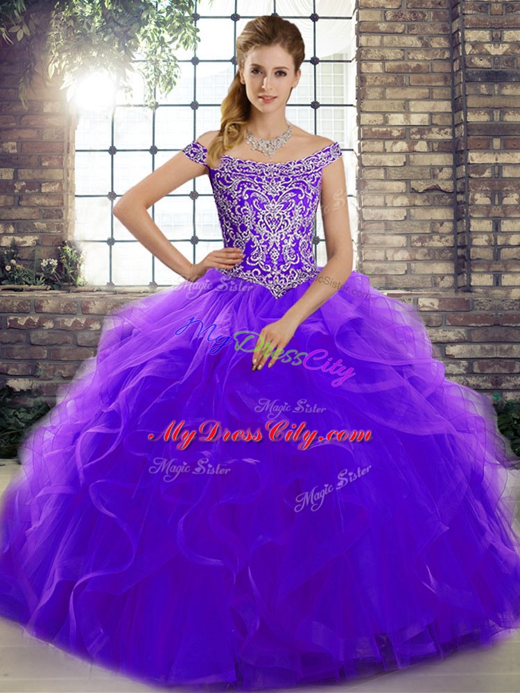 Affordable Purple Sleeveless Beading and Ruffles Lace Up Quinceanera Gowns