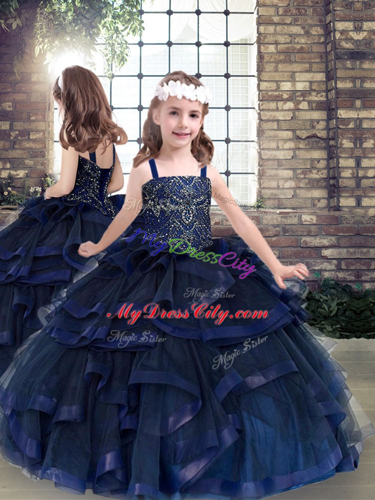 Attractive Navy Blue Straps Neckline Beading and Ruffles Pageant Dress Womens Sleeveless Lace Up