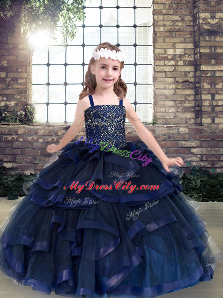 Attractive Navy Blue Straps Neckline Beading and Ruffles Pageant Dress Womens Sleeveless Lace Up