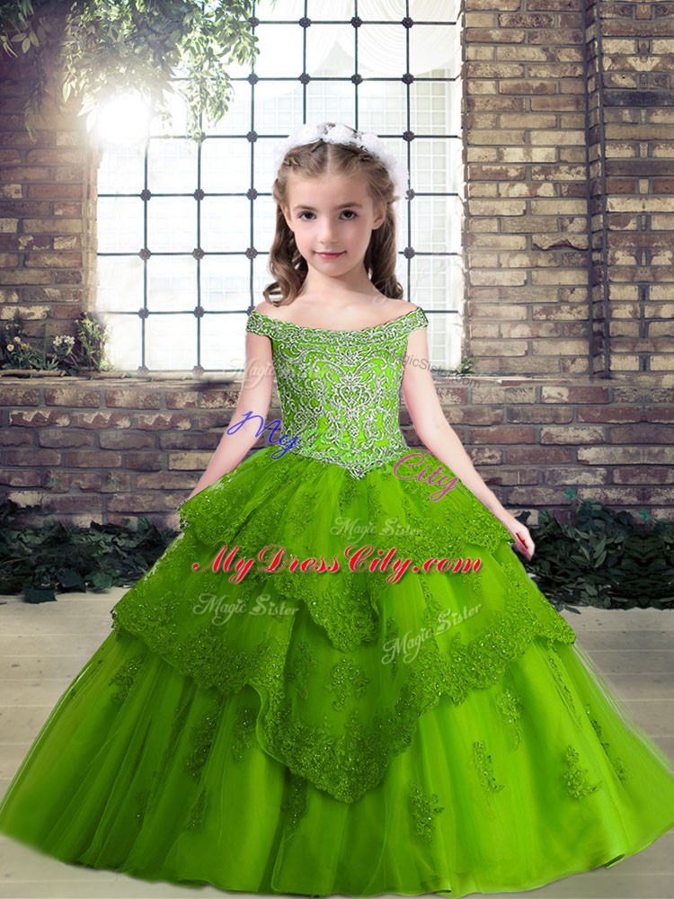 Green Ball Gowns Off The Shoulder Sleeveless Tulle Floor Length Lace Up Beading Winning Pageant Gowns