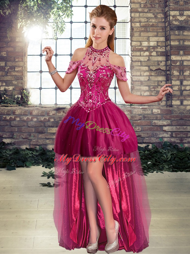 Latest Fuchsia Custom Made Pageant Dress Prom and Party with Beading Halter Top Sleeveless Lace Up