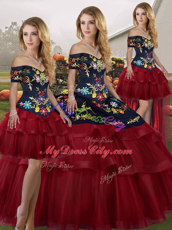 Custom Design Sleeveless Brush Train Embroidery and Ruffled Layers Lace Up Vestidos de Quinceanera