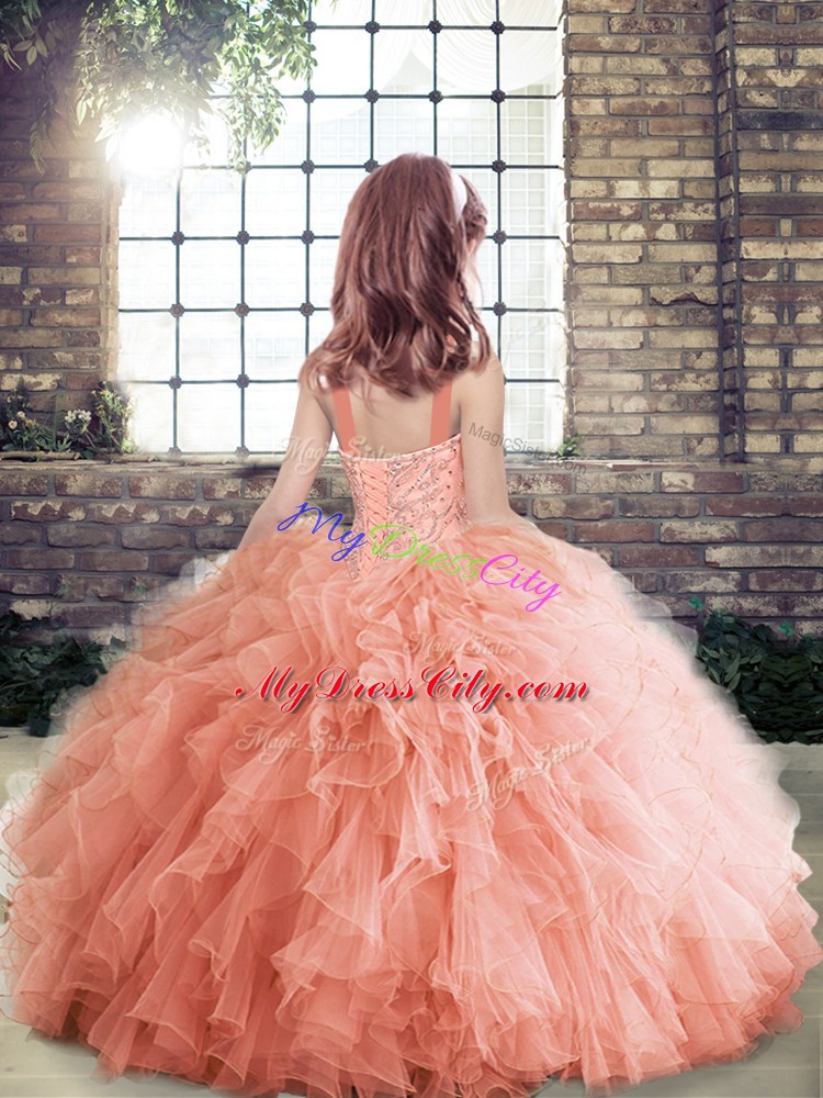 Straps Sleeveless Tulle Pageant Dress for Teens Beading and Ruffles Lace Up