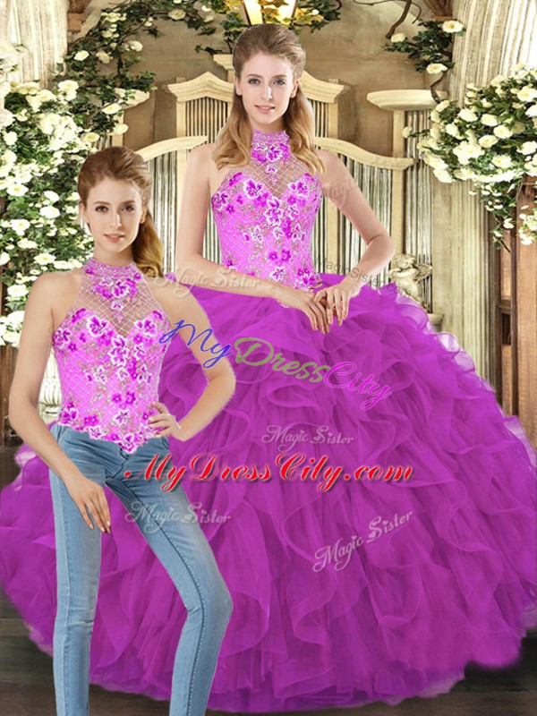 Lovely Floor Length Lace Up Quinceanera Dress Fuchsia for Military Ball and Sweet 16 and Quinceanera with Embroidery and Ruffles