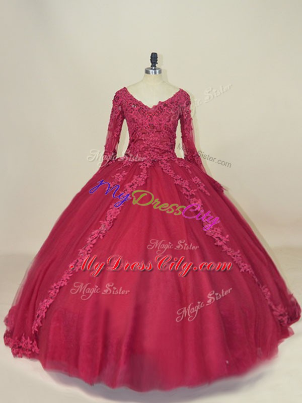 Red Lace Up Vestidos de Quinceanera Lace and Appliques Long Sleeves Floor Length