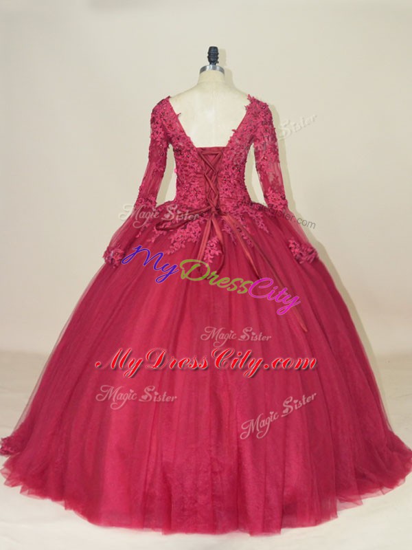 Red Lace Up Vestidos de Quinceanera Lace and Appliques Long Sleeves Floor Length